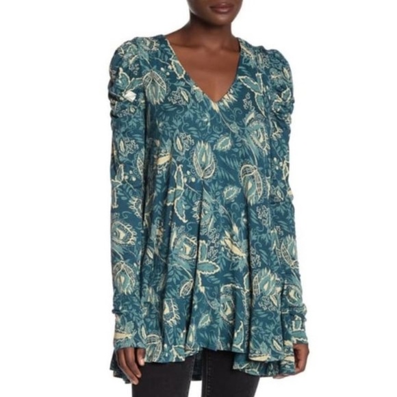 Free People Ruched Puff Sleeve Turquoise Floral Print Tunic Blouse Top Dress - Picture 7 of 12